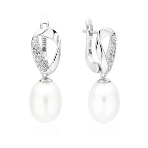 Cercei argint lungi cu perle naturale albe si pietre, cu tortita DiAmanti SK21497EL_W-G (Argint 925‰ 2,8 g.)